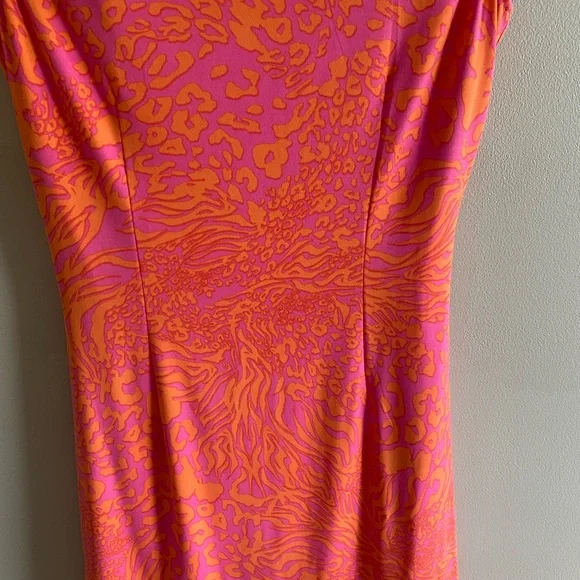 Larry Levine Dress Women's S Pink Orange Cocktail Stretch Ruched Chittah Pattern - Picture 8 of 9